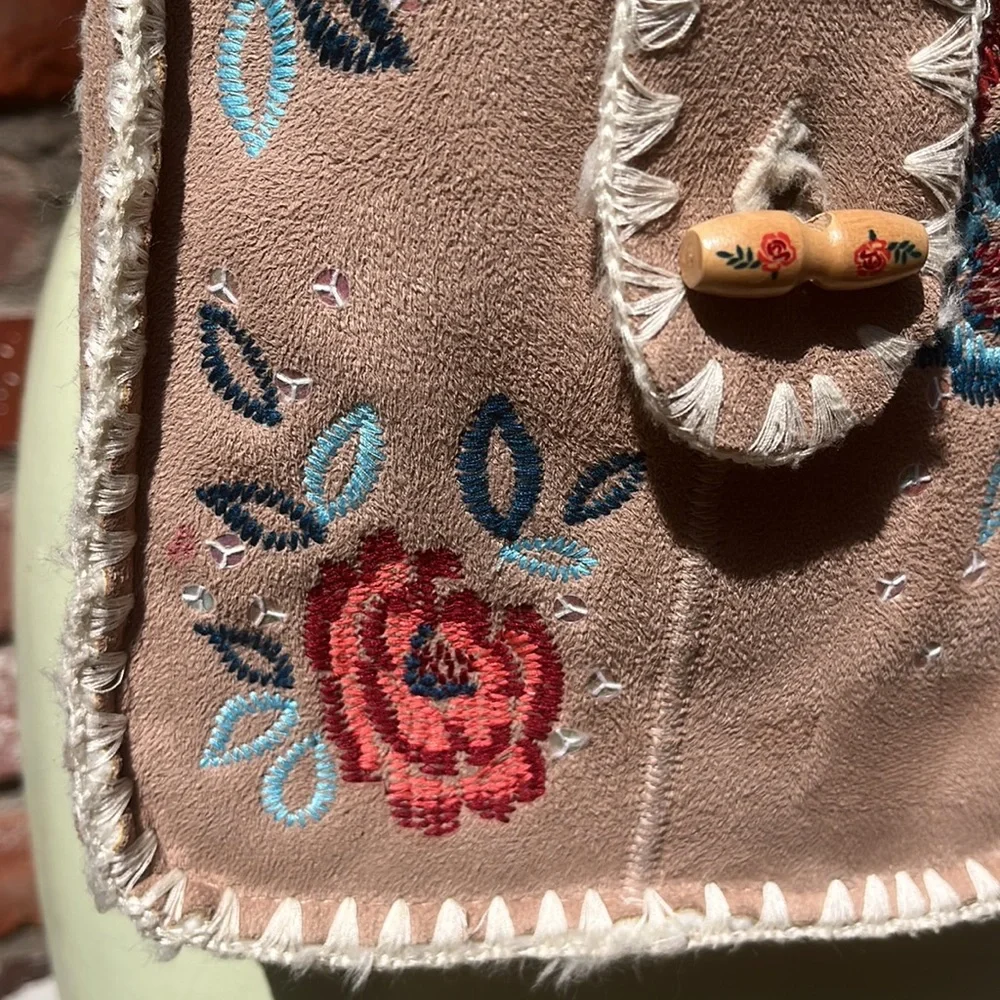 Monsoon Suede Embroidered Fur lined CrossBody Purse - Picture 3 of 7